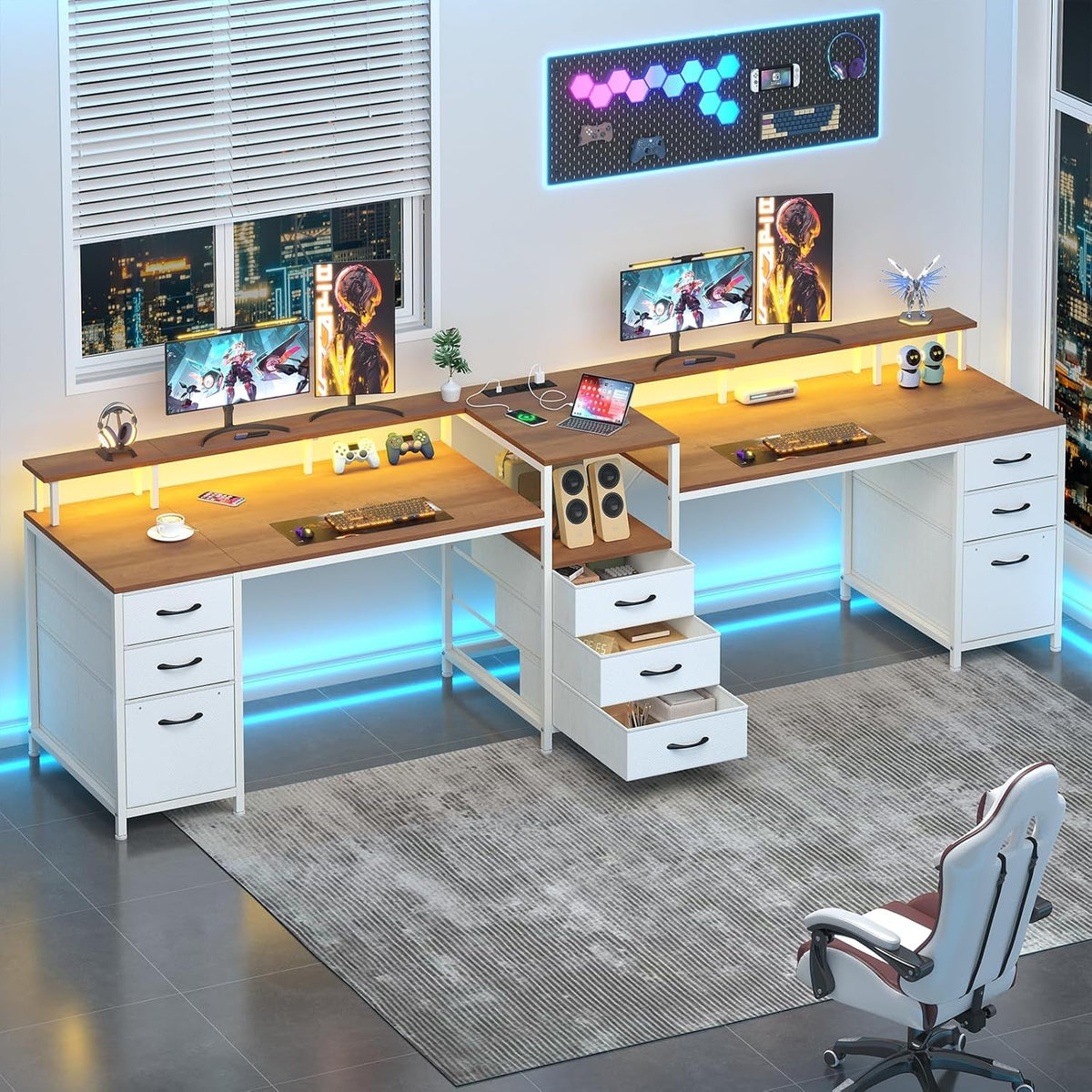 Brown White Two Person Computer Desk Monitor Stand Plus-0