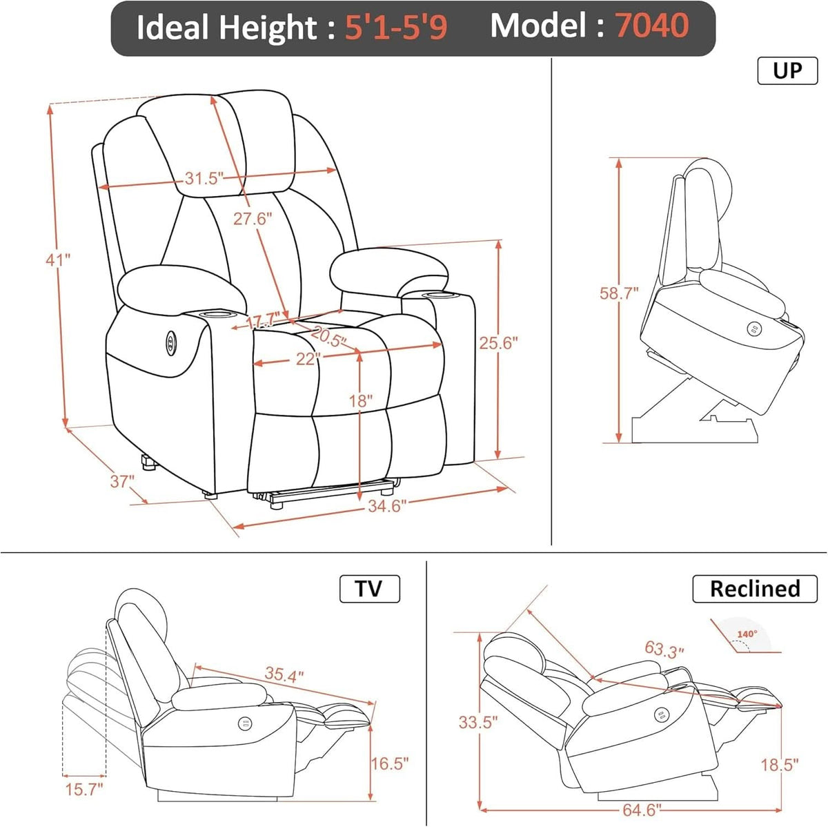 Electric Power Lift Recliner Chair Dark Brown Massage-2