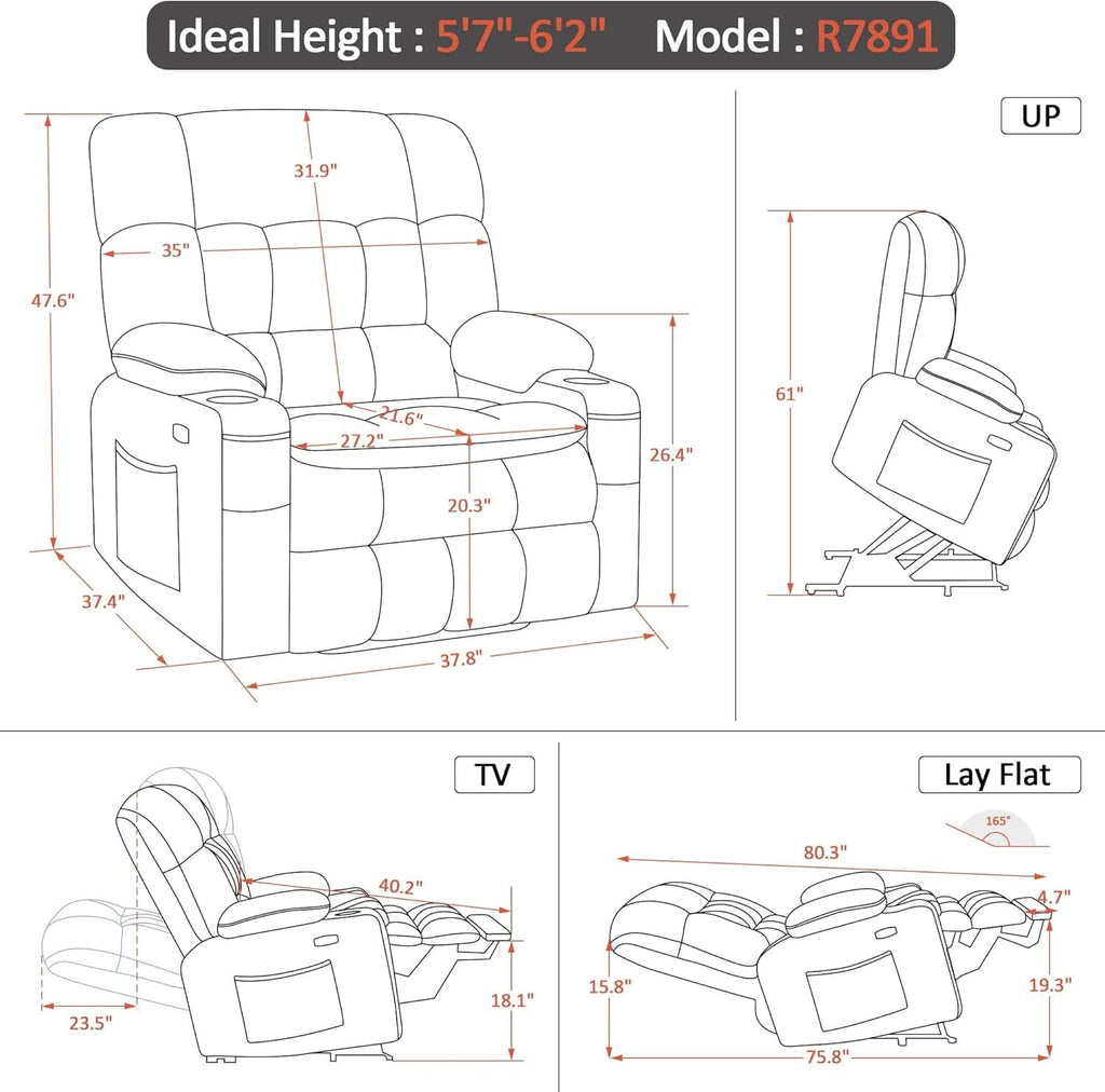 Dark Grey Wide Power Lift Recliner With Massage And USB-2