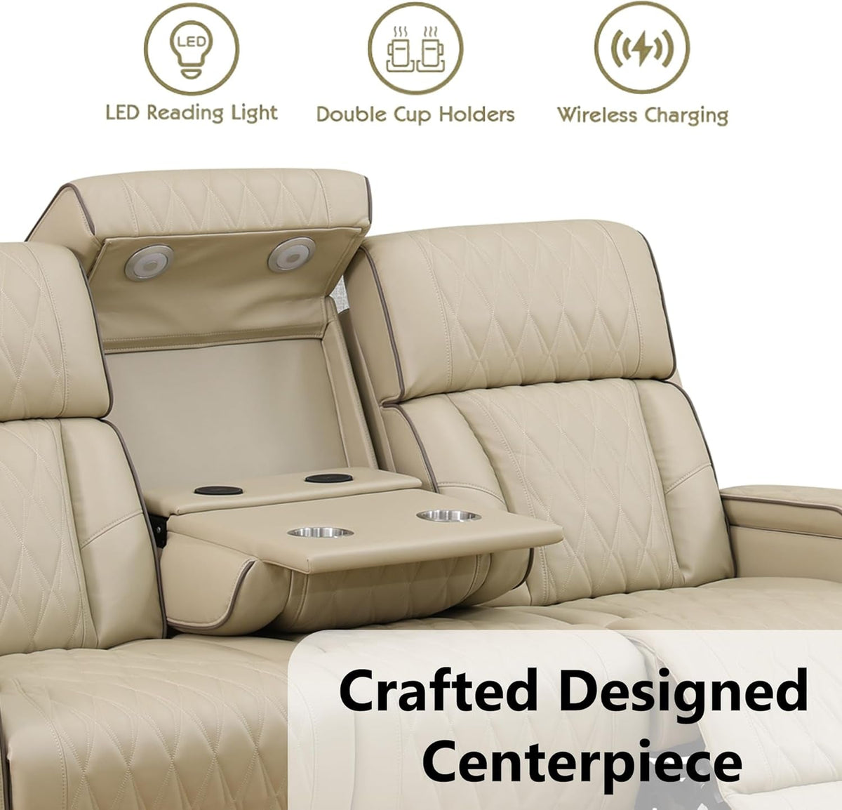 Khaki Premium Quality Leather Power Recliner Sofa USB Port-3