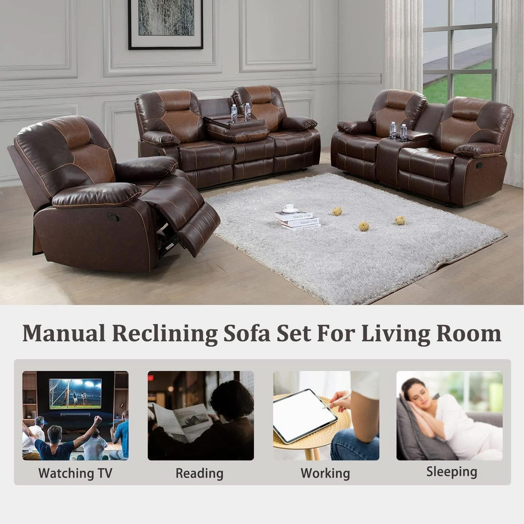 Manual Recliner Sofa Set Bonded Leather With Storage Console Brown 3 Piece-2
