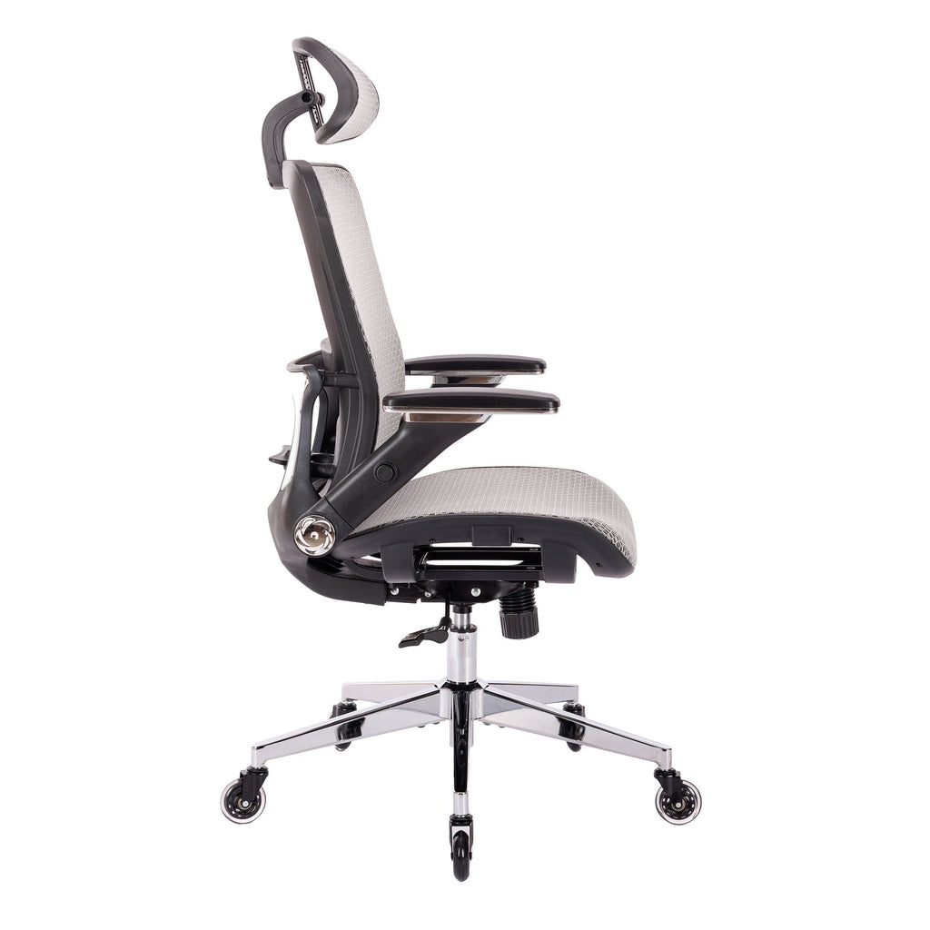 Gray High-Back Mesh Office Chair — Flip-Up Arms, Adjustable Headrest, 275 lb Capacity