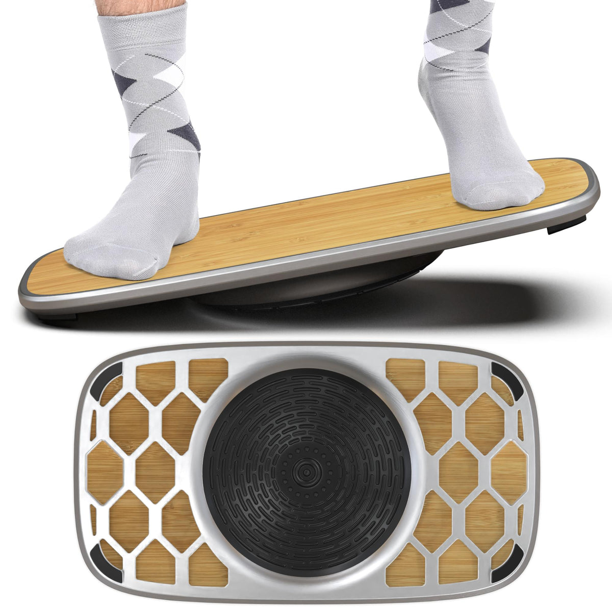 Person standing on bamboo silver balance board showing top and bottom views