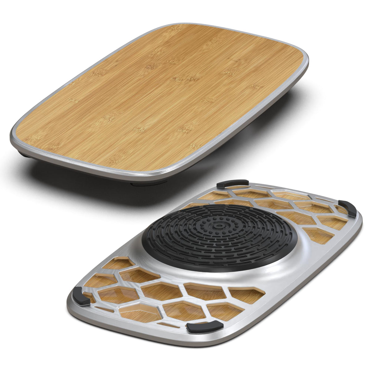 Bamboo silver balance board top surface and underside honeycomb frame detail