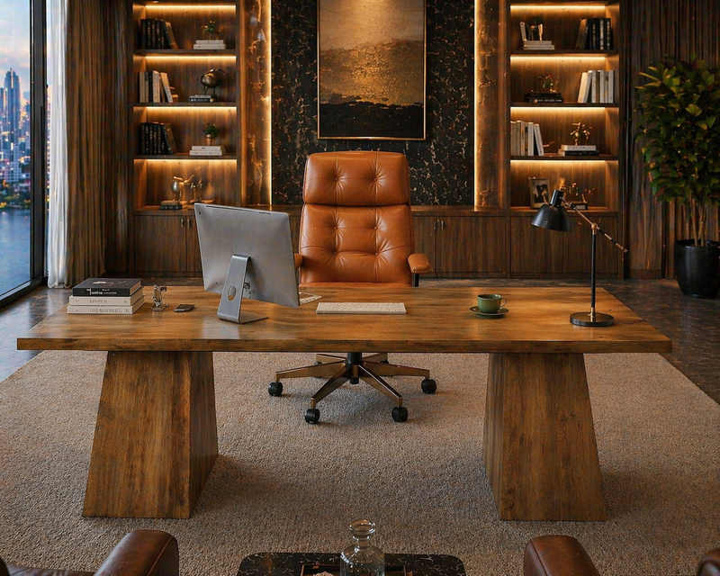63” Executive Desk with Power Outlets & Storage + Ergonomic Wide Office Chair (Oak/Cognac)-0
