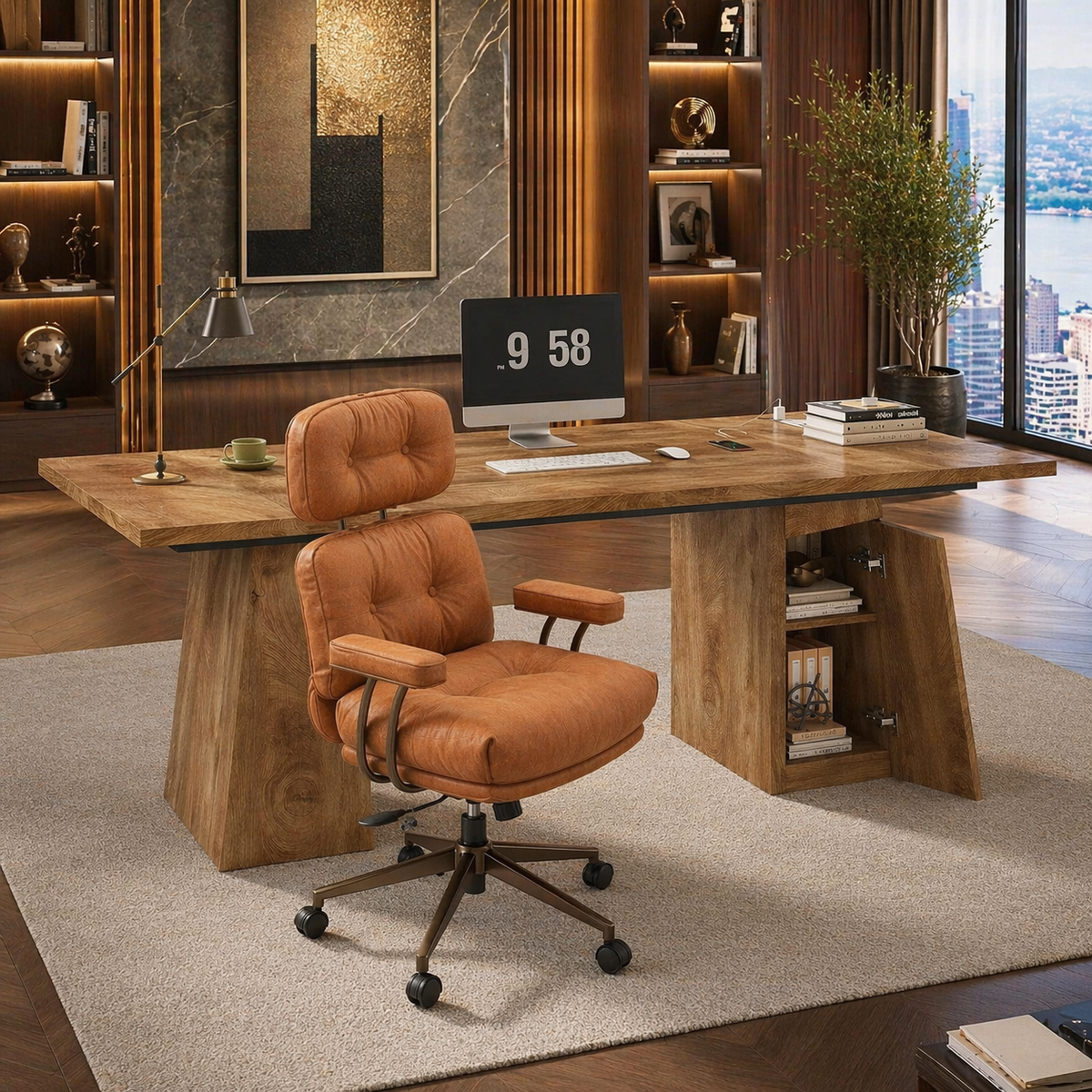 63” Executive Desk with Power Outlets & Storage + Ergonomic Wide Office Chair (Oak/Cognac)-2