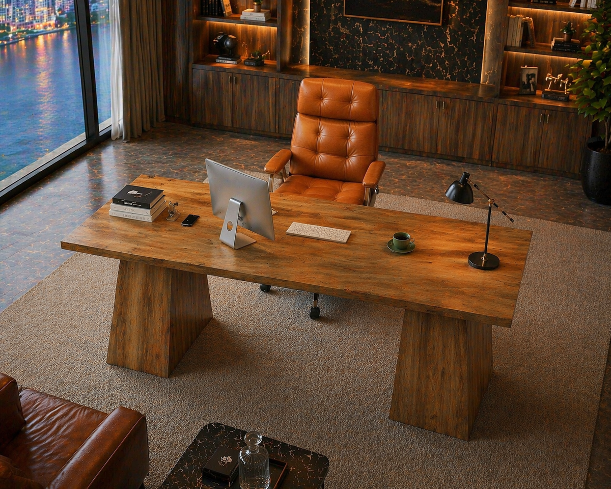 63” Executive Desk with Power Outlets & Storage + Ergonomic Wide Office Chair (Oak/Cognac)-1