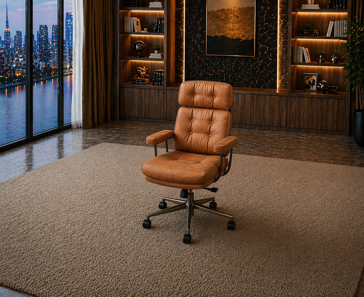 63” Executive Desk with Power Outlets & Storage + Ergonomic Wide Office Chair (Oak/Cognac)-4