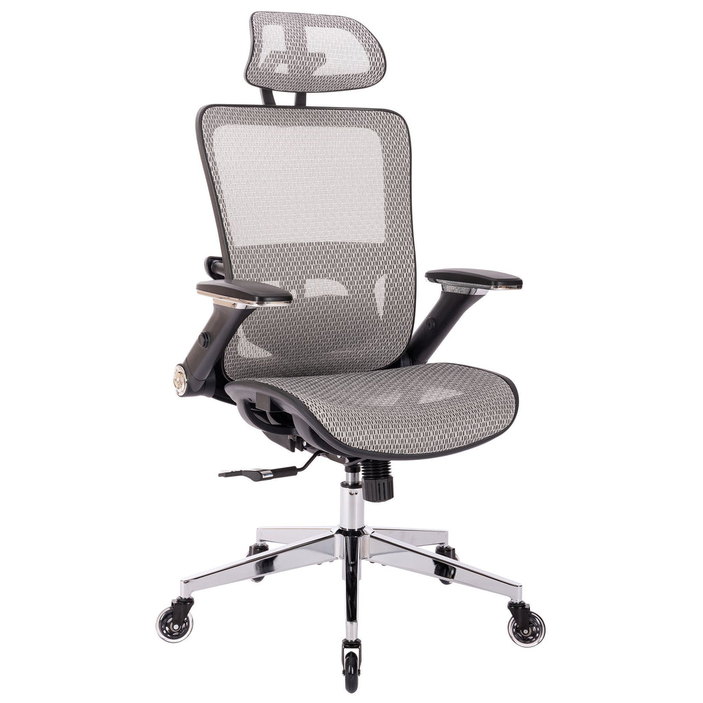 Gray High-Back Mesh Office Chair — Flip-Up Arms, Adjustable Headrest, 275 lb Capacity