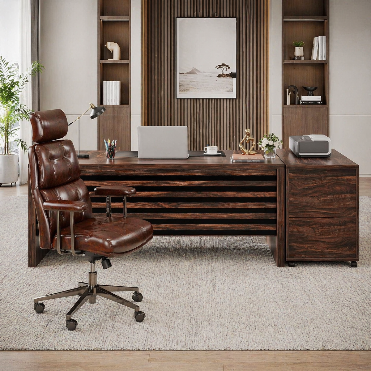 62.2" L-Shaped Executive Desk Set with File Cabinet & Ergonomic High-Back Chair, Brown/Black-0