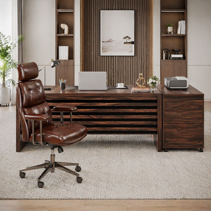 62.2" L-Shaped Executive Desk Set with File Cabinet & Ergonomic High-Back Chair, Brown/Black-0