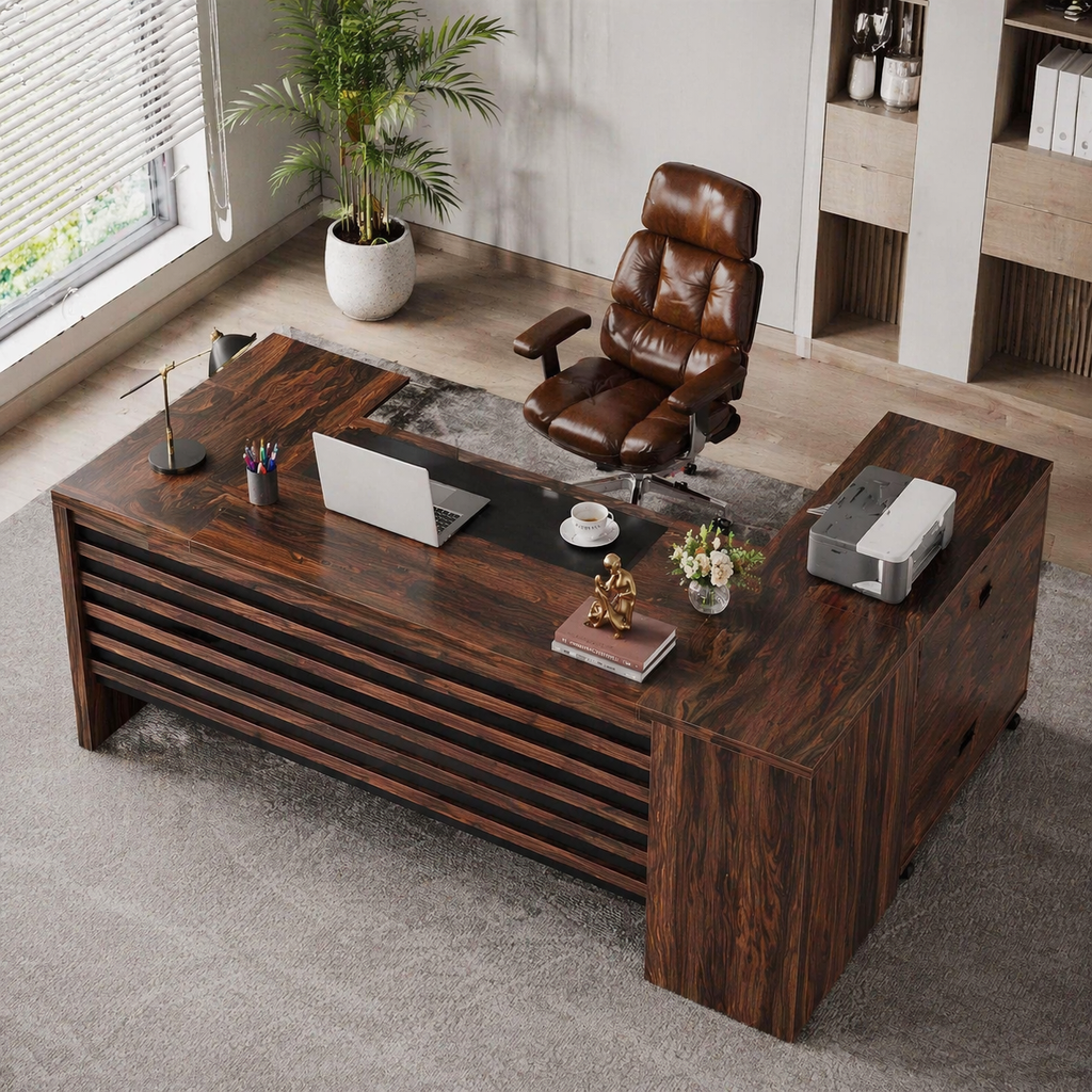 62.2" L-Shaped Executive Desk Set with File Cabinet & Ergonomic High-Back Chair, Brown/Black-1