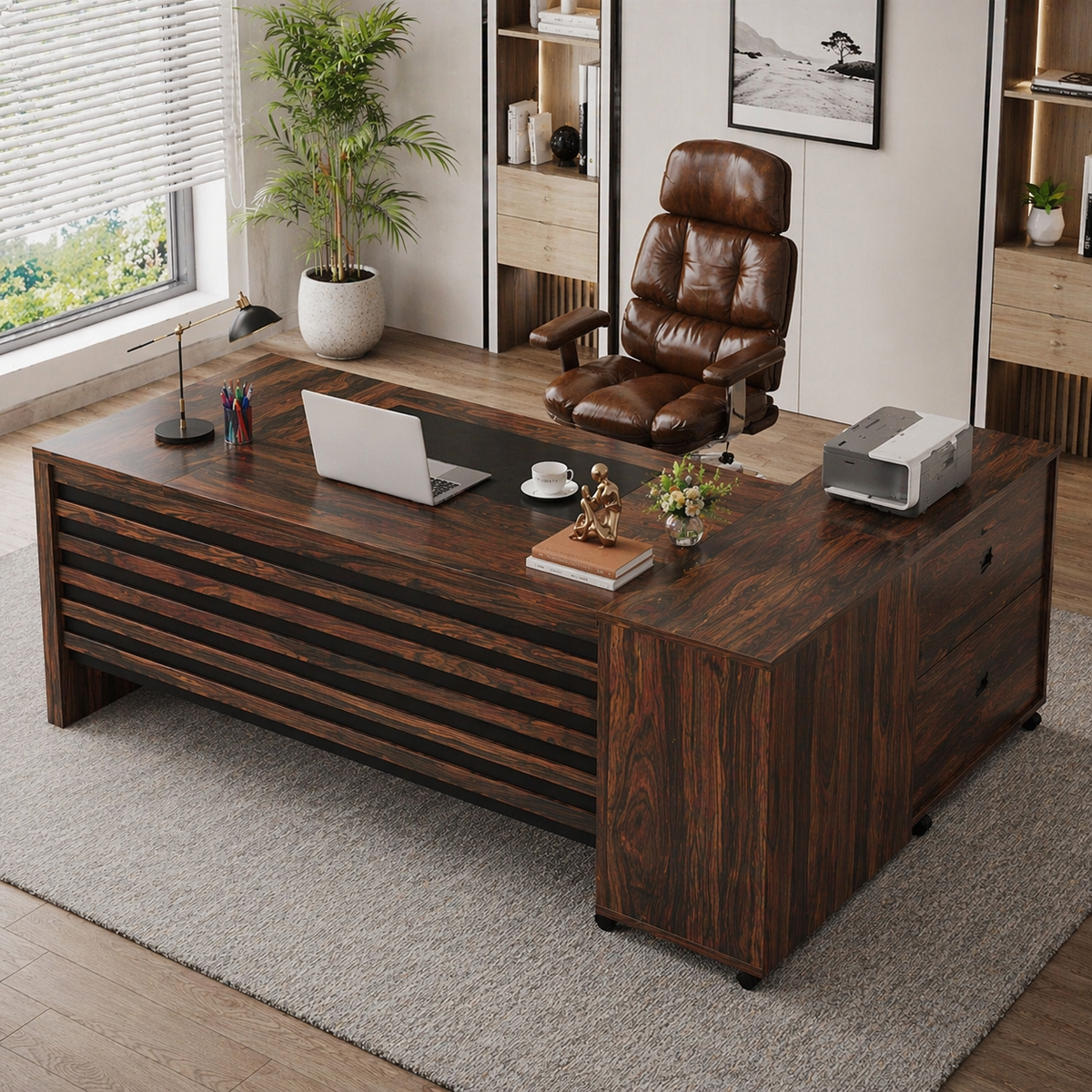 62.2" L-Shaped Executive Desk Set with File Cabinet & Ergonomic High-Back Chair, Brown/Black-2