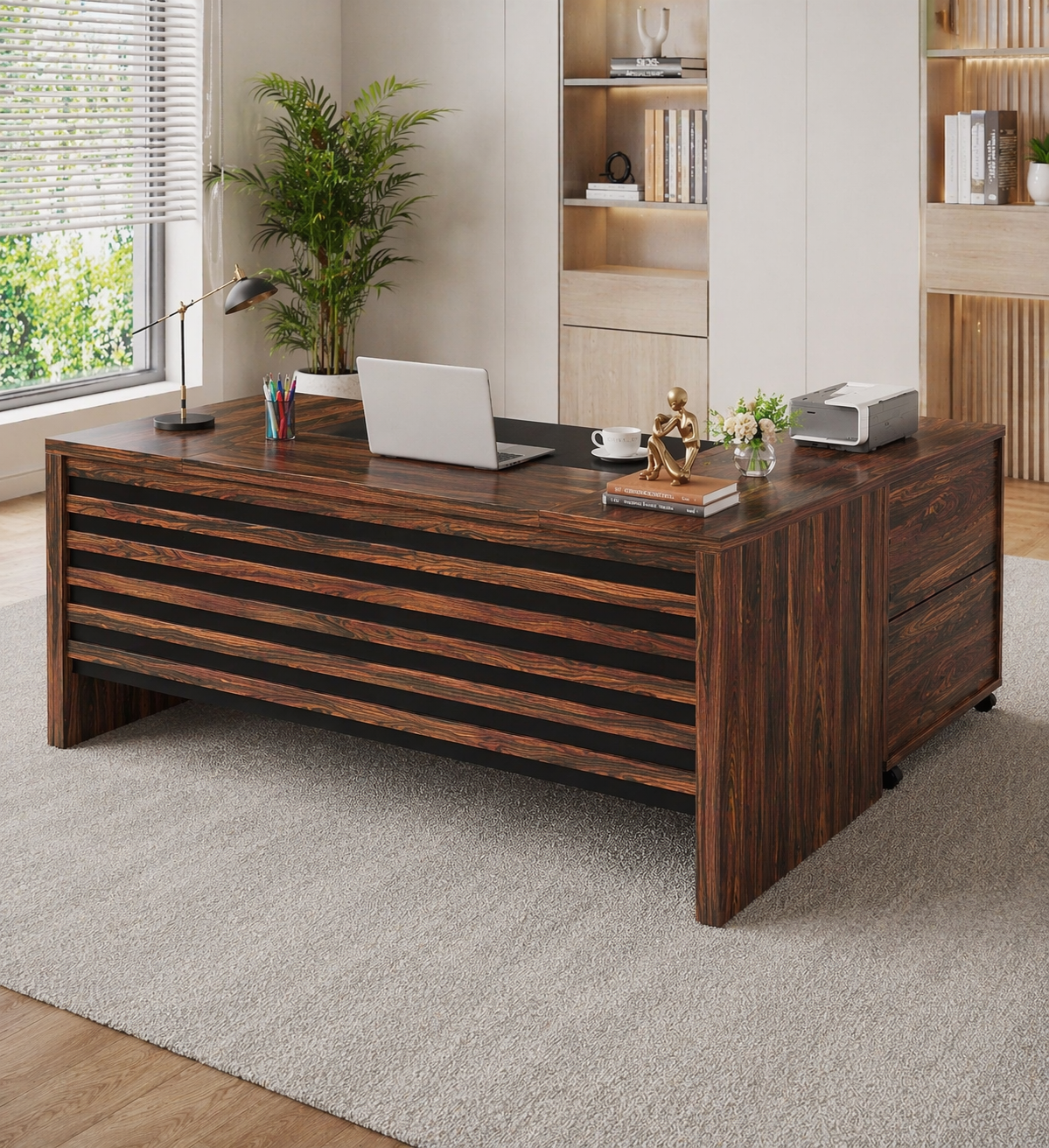 62.2" L-Shaped Executive Desk Set with File Cabinet & Ergonomic High-Back Chair, Brown/Black-3