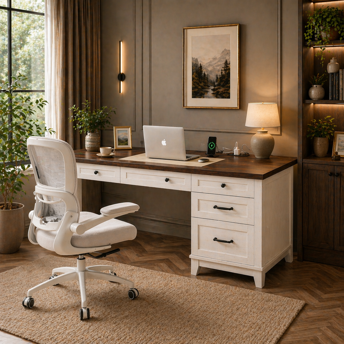 53.54" Executive Desk with Drawers & Charging Station with Ergonomic Mesh Office Chair Set White Walnut-2