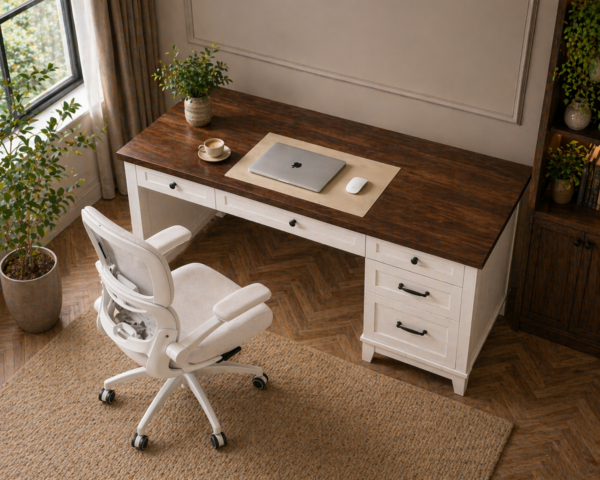 53.54" Executive Desk with Drawers & Charging Station with Ergonomic Mesh Office Chair Set White Walnut-1