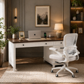 53.54" Executive Desk with Drawers & Charging Station with Ergonomic Mesh Office Chair Set White Walnut-0