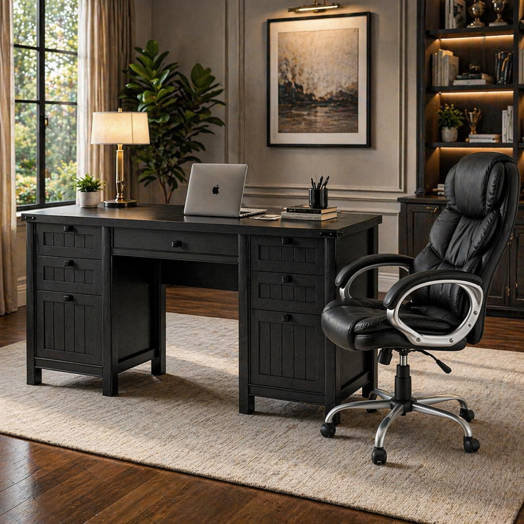 62" Executive Desk & Ergonomic Office Chair Set with Drawers, Cabinet Storage & Adjustable Swivel Chair Black-2
