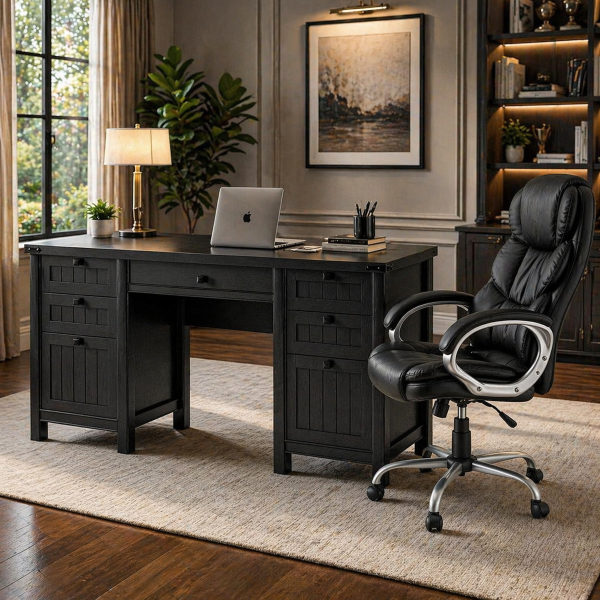 62" Executive Desk & Ergonomic Office Chair Set with Drawers, Cabinet Storage & Adjustable Swivel Chair Black-2