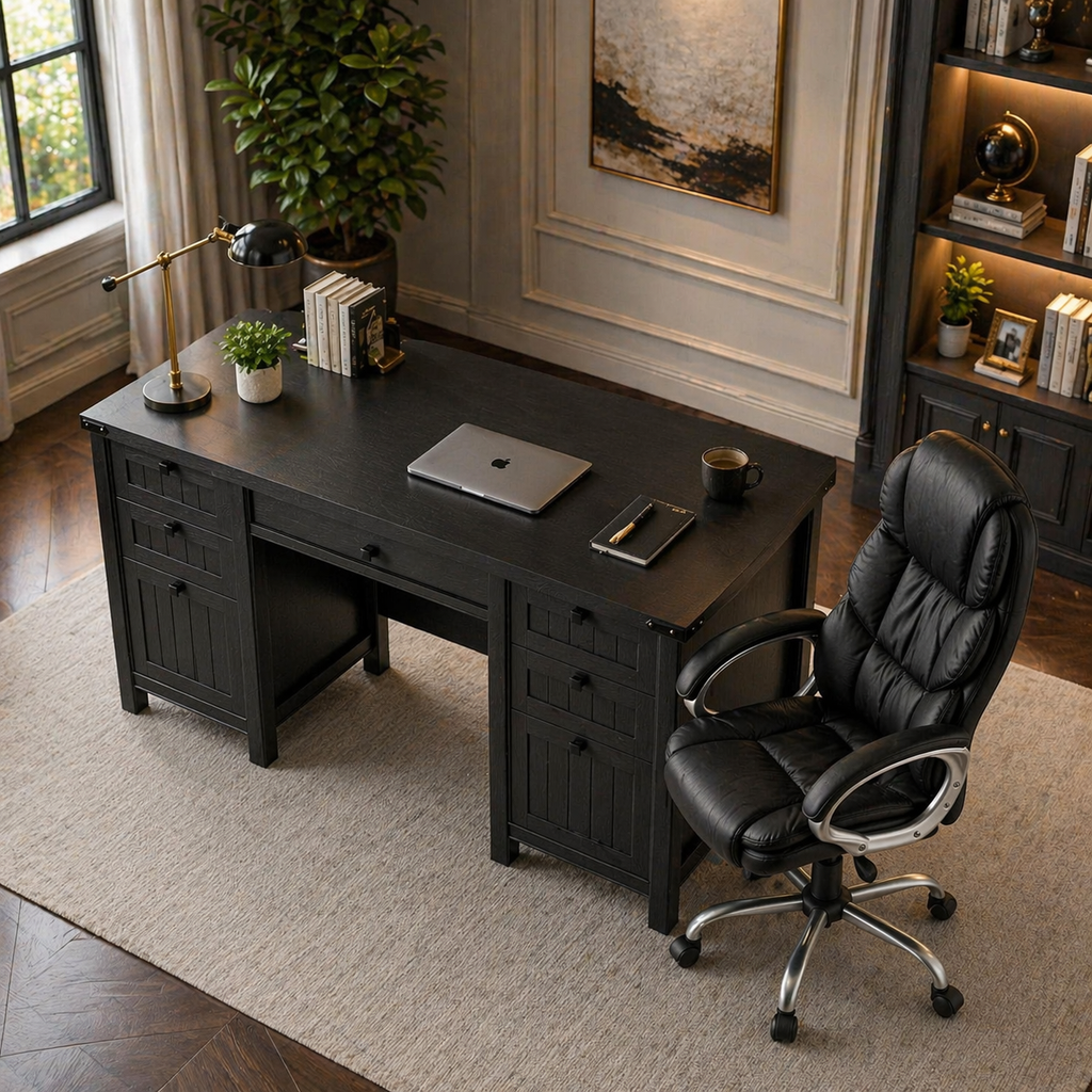 62" Executive Desk & Ergonomic Office Chair Set with Drawers, Cabinet Storage & Adjustable Swivel Chair Black-1