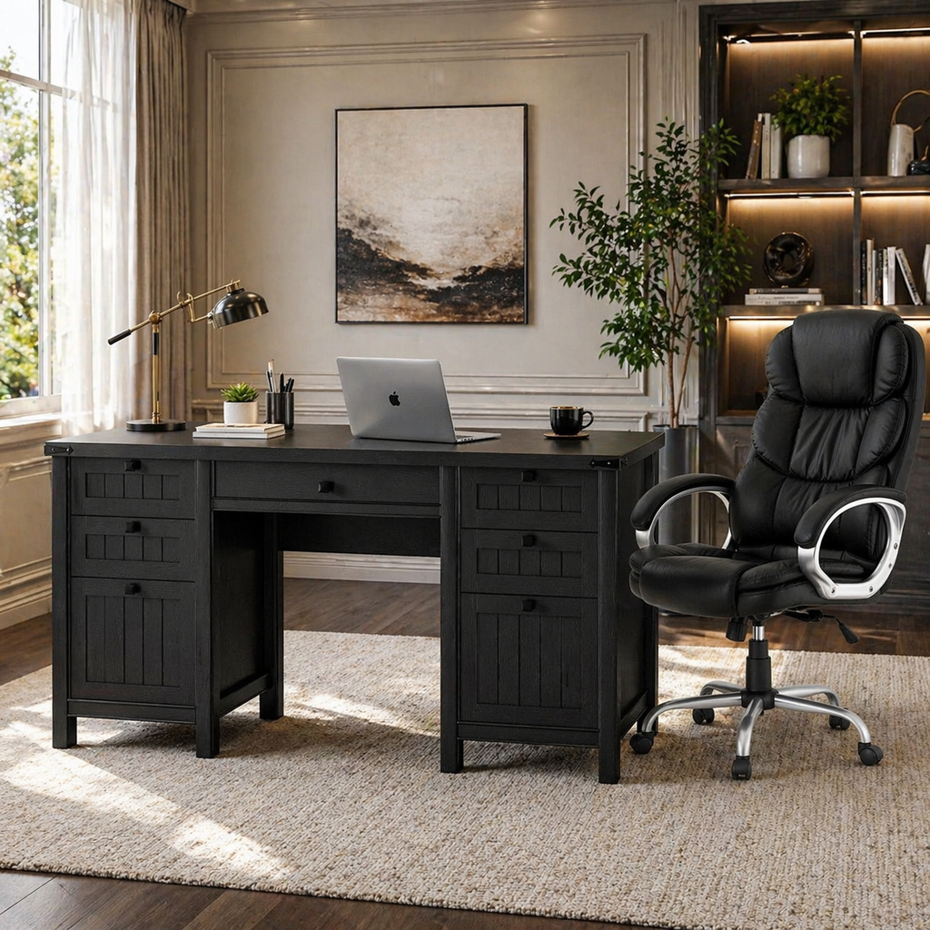 62" Executive Desk & Ergonomic Office Chair Set with Drawers, Cabinet Storage & Adjustable Swivel Chair Black-0