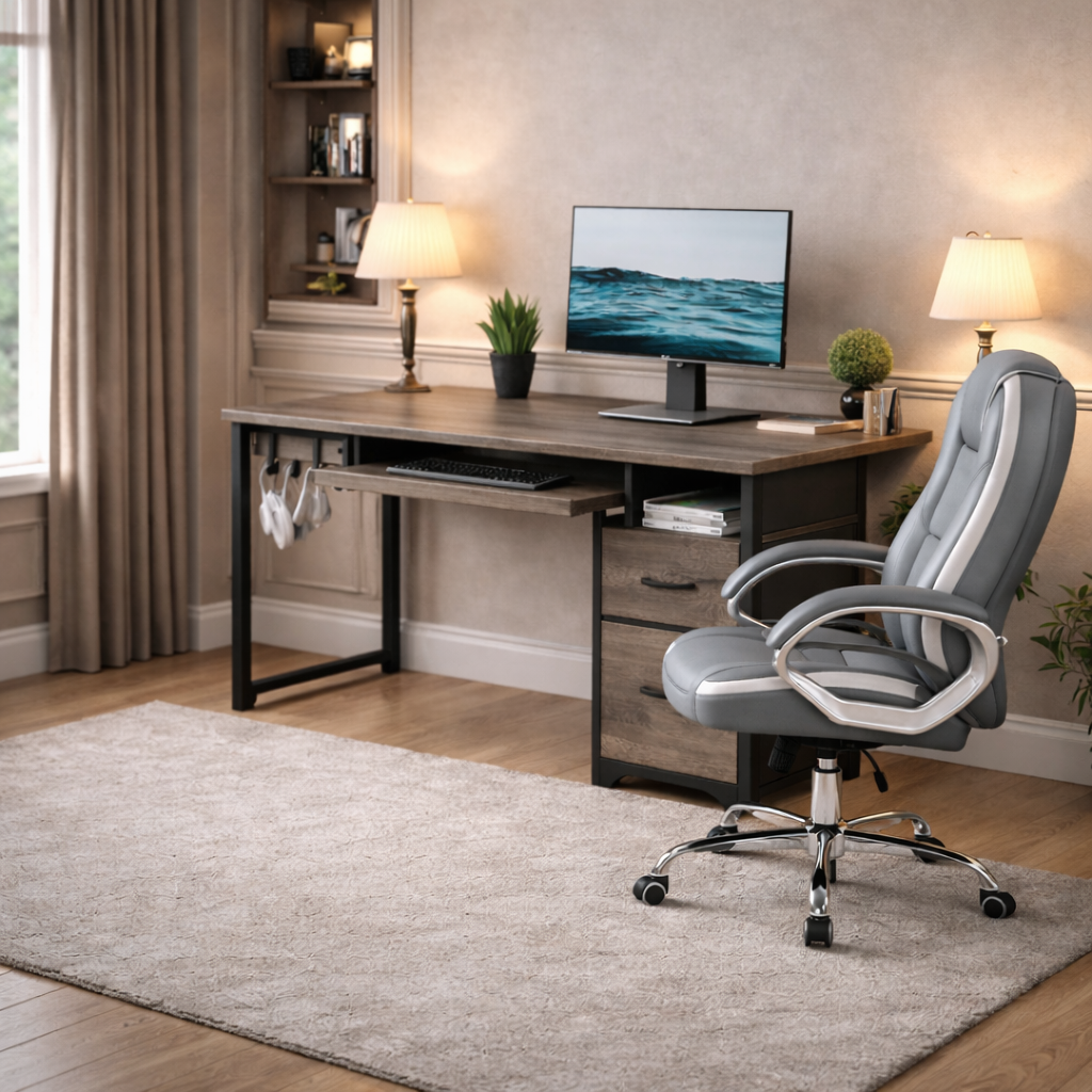 Gray 48Inch Ergonomic Office Desk PremiumStorage Chair-2