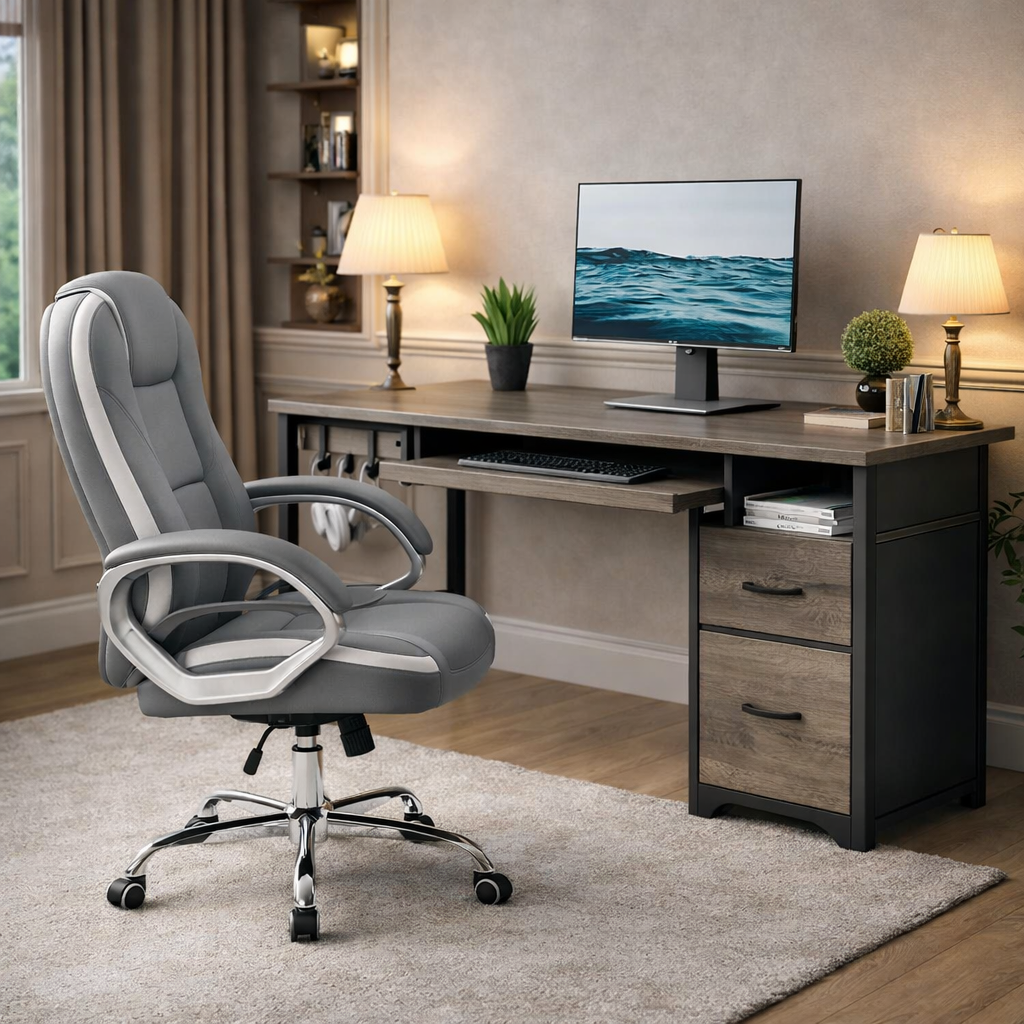 Gray 48Inch Ergonomic Office Desk PremiumStorage Chair-0