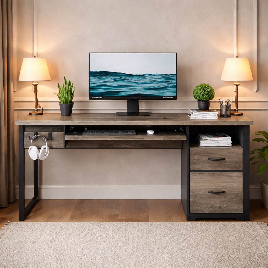 Gray 48Inch Ergonomic Office Desk PremiumStorage Chair-3