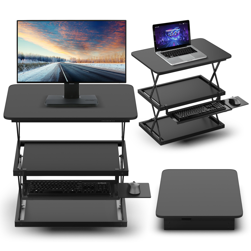 Black adjustable tall standing desk converter and riser product composite