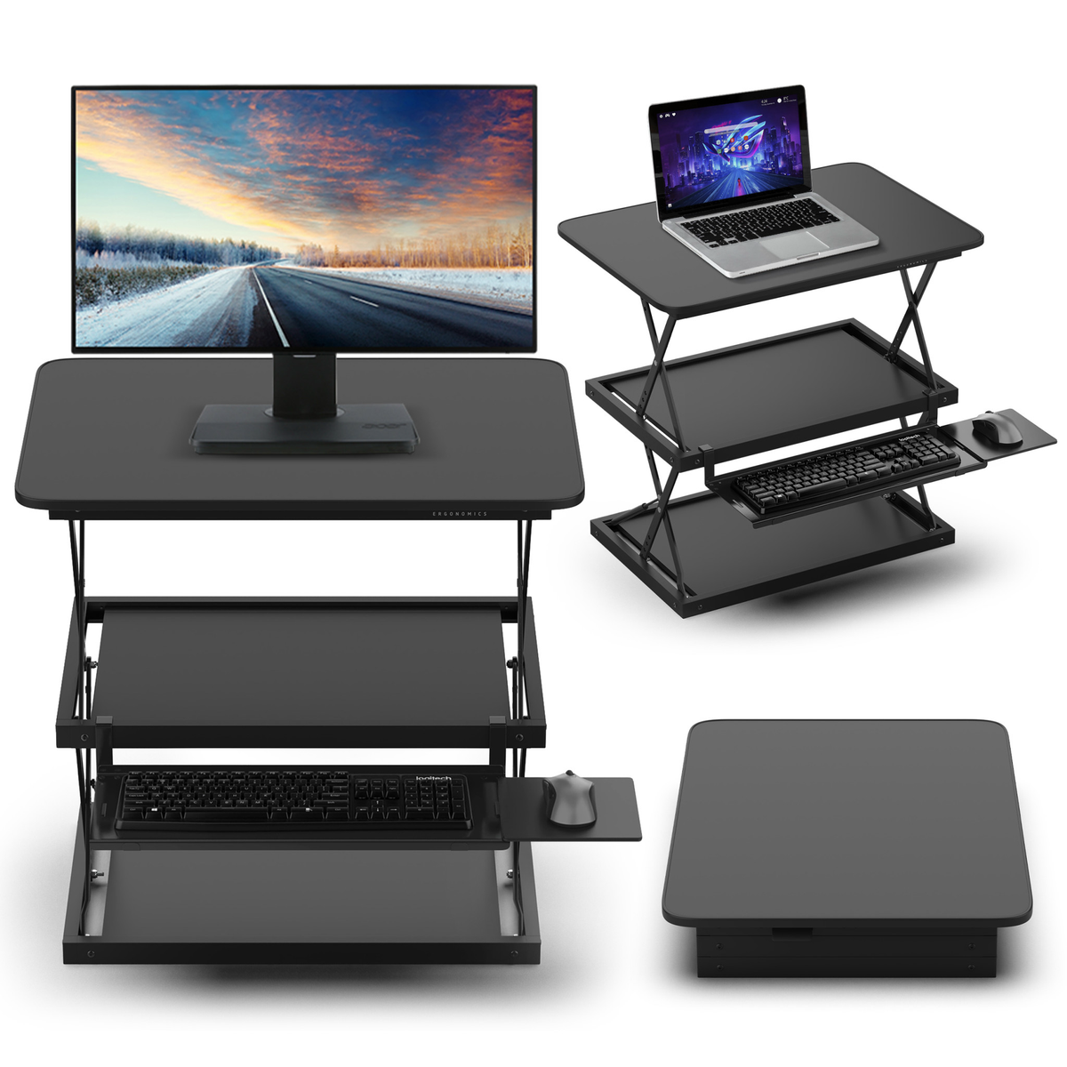 Black adjustable tall standing desk converter and riser product composite