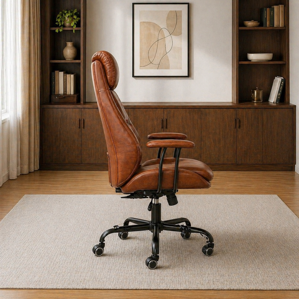 71" Executive Desk & Brown Leather Office Chair Set with Ergonomic High-Back Seat-4