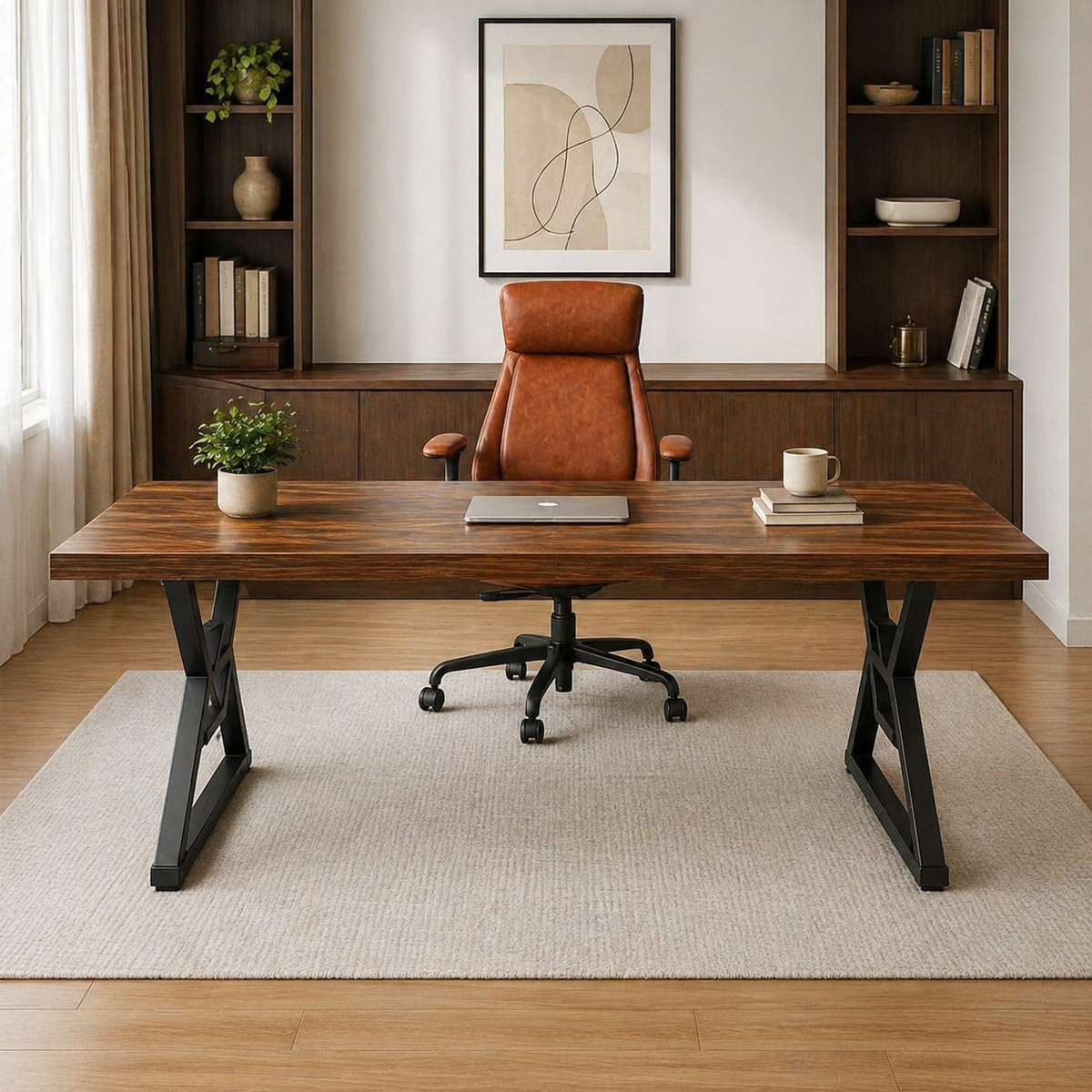 71" Executive Desk & Brown Leather Office Chair Set with Ergonomic High-Back Seat-0