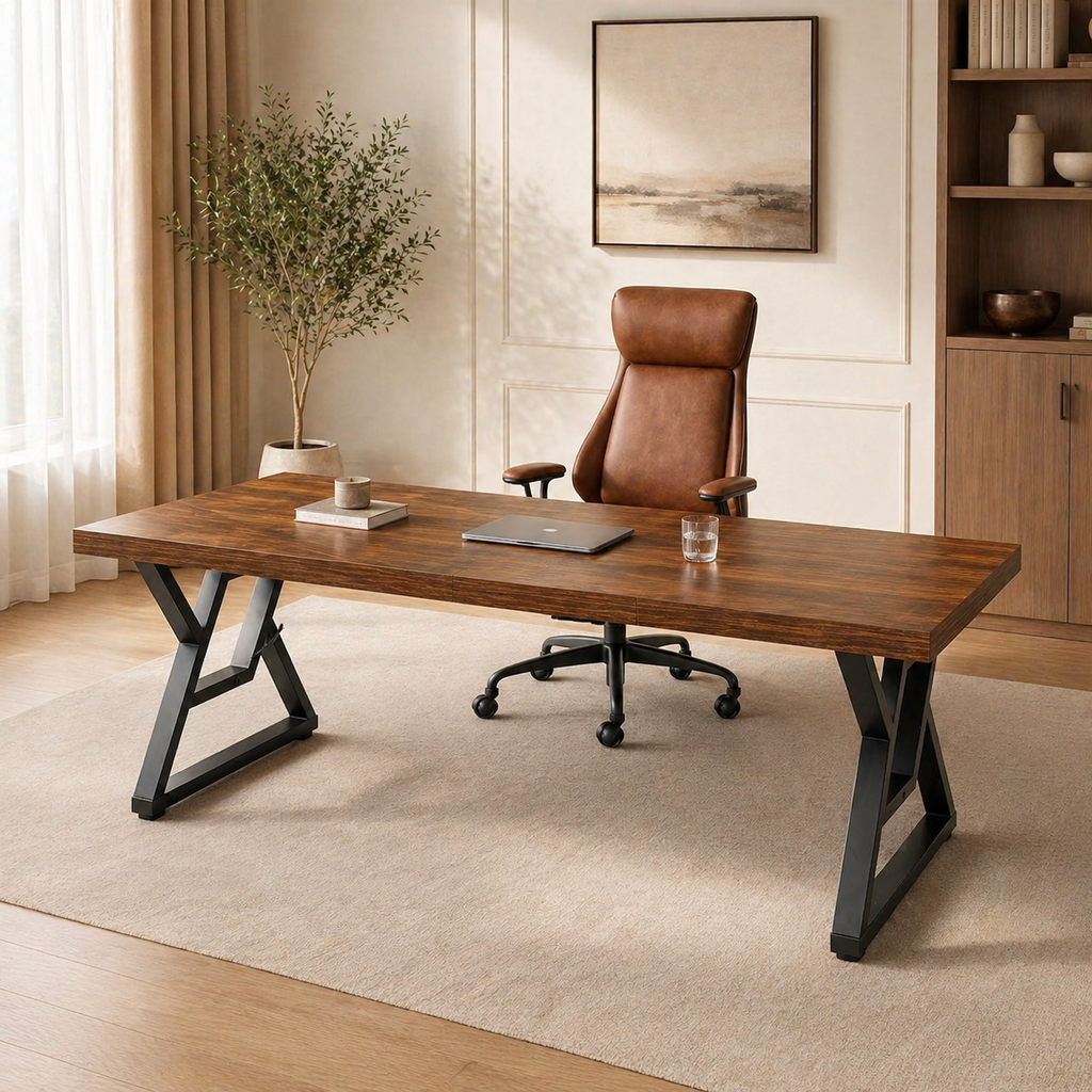 71" Executive Desk & Brown Leather Office Chair Set with Ergonomic High-Back Seat-1