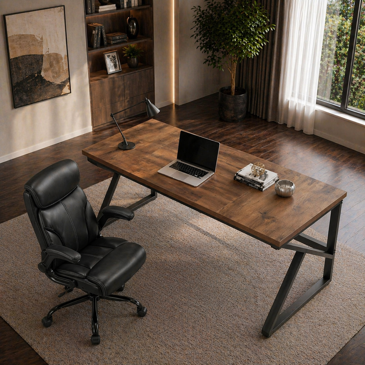 70.8" Double Workstation Desk & Ergonomic Executive Office Chair Set, Rustic Oak-1