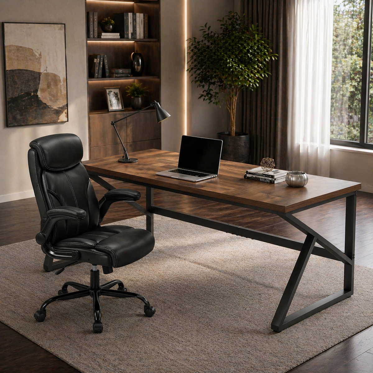 70.8" Double Workstation Desk & Ergonomic Executive Office Chair Set, Rustic Oak-2