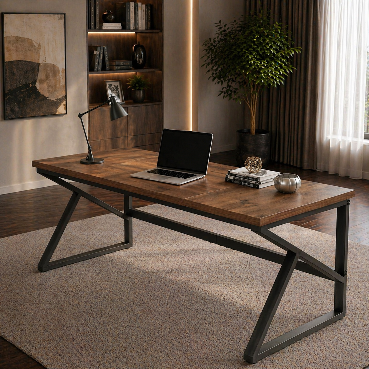 70.8" Double Workstation Desk & Ergonomic Executive Office Chair Set, Rustic Oak-3