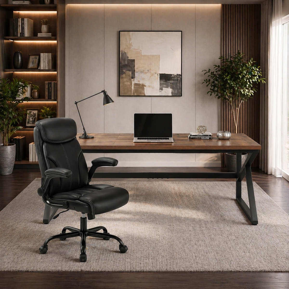70.8" Double Workstation Desk & Ergonomic Executive Office Chair Set, Rustic Oak-0