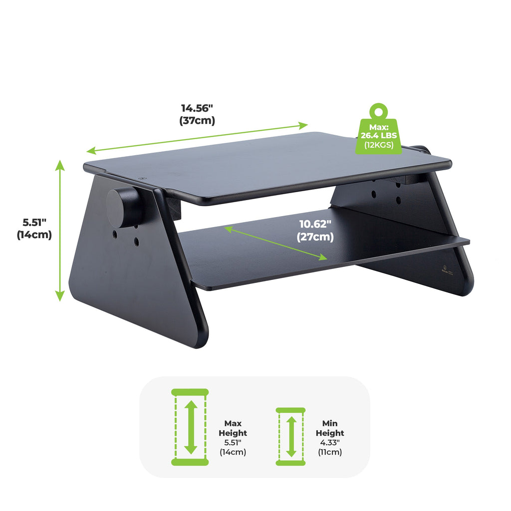 Black monitor stand dimensions diagram showing 14.56 inch width, 5.51 inch height and 26.4 lb capacity