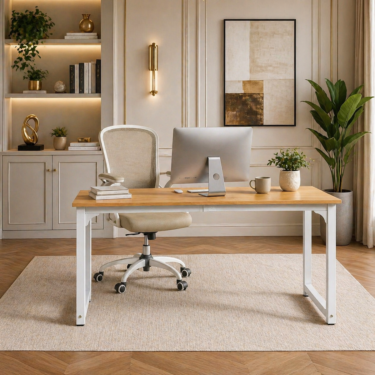 63" White Modern Computer Desk & Ergonomic High Back Office Chair Set-0