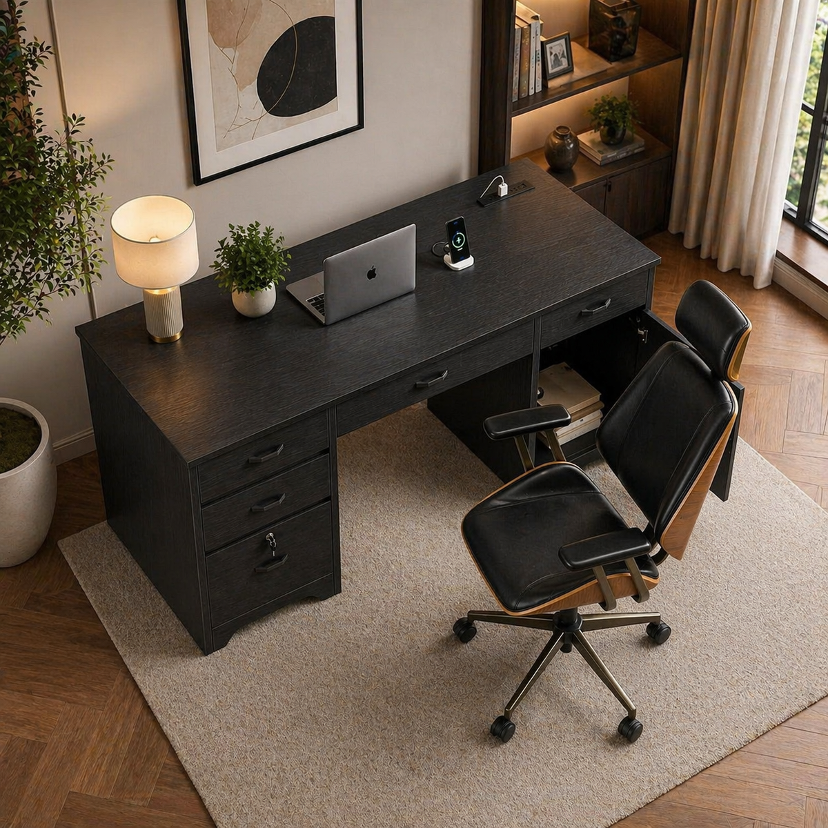 ShipItFurniture 59" Executive Office Desk & Ergonomic Chair Set with Lockable Drawers Black-1