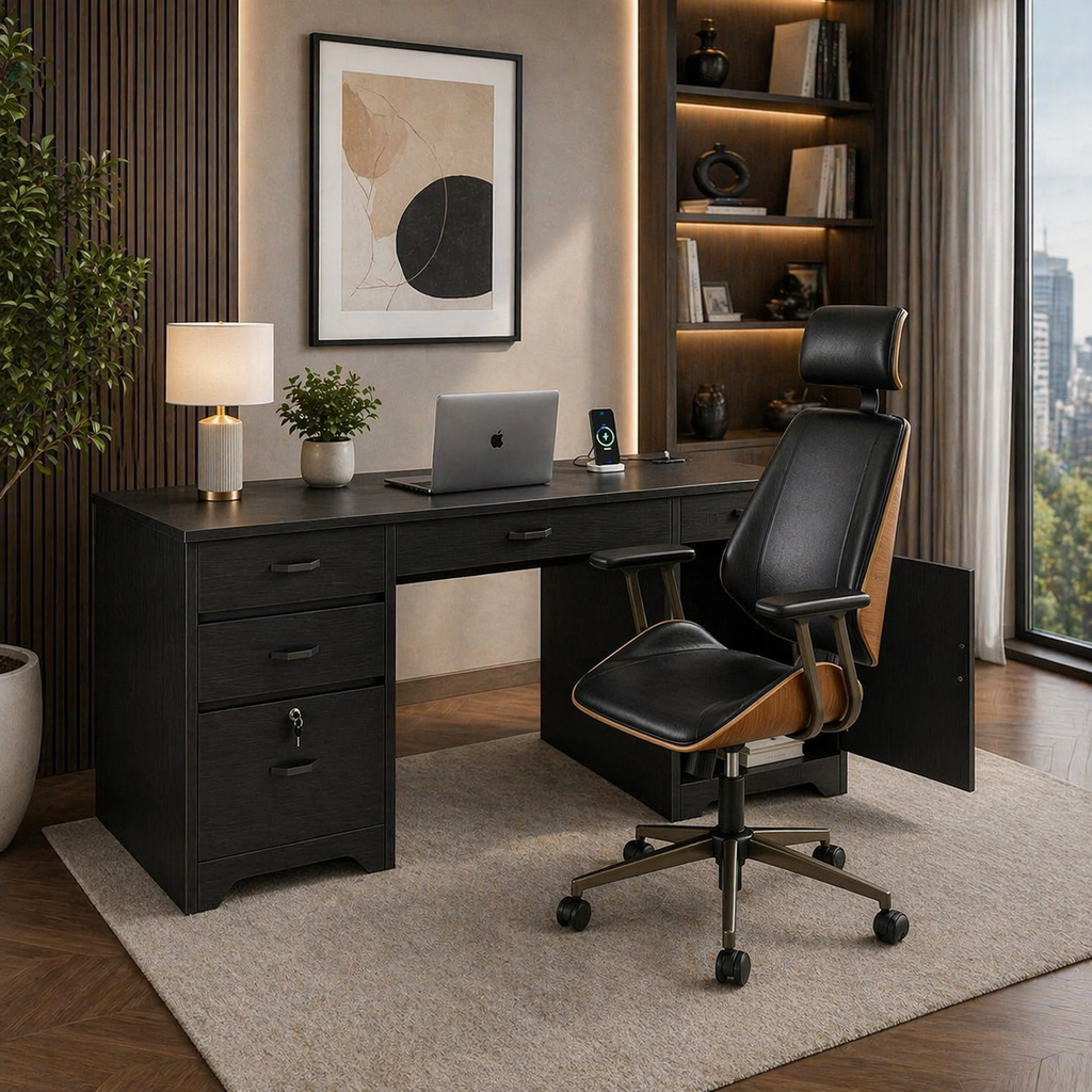 ShipItFurniture 59" Executive Office Desk & Ergonomic Chair Set with Lockable Drawers Black-2