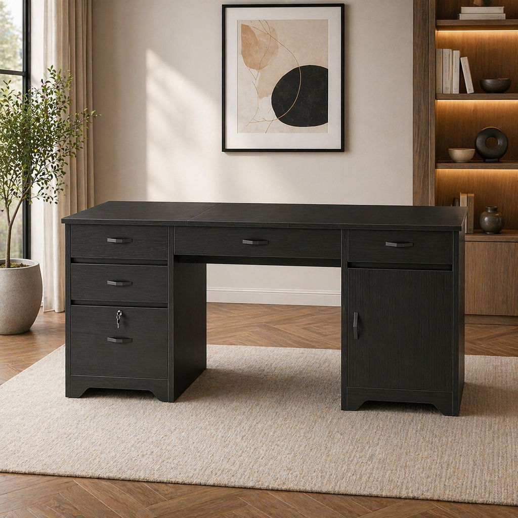 ShipItFurniture 59" Executive Office Desk & Ergonomic Chair Set with Lockable Drawers Black-3