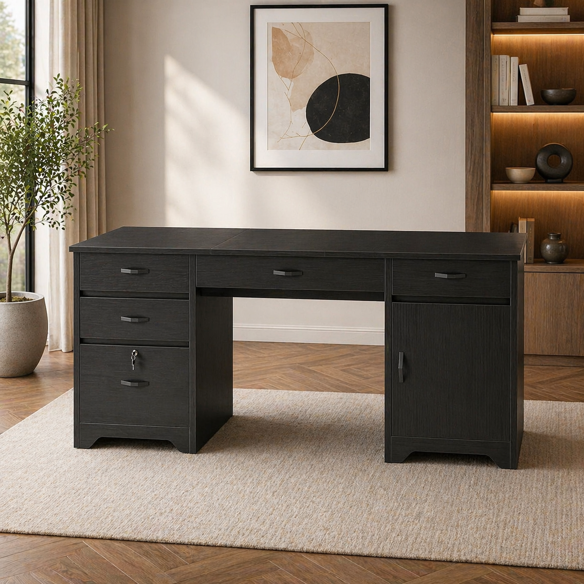 ShipItFurniture 59" Executive Office Desk & Ergonomic Chair Set with Lockable Drawers Black-3