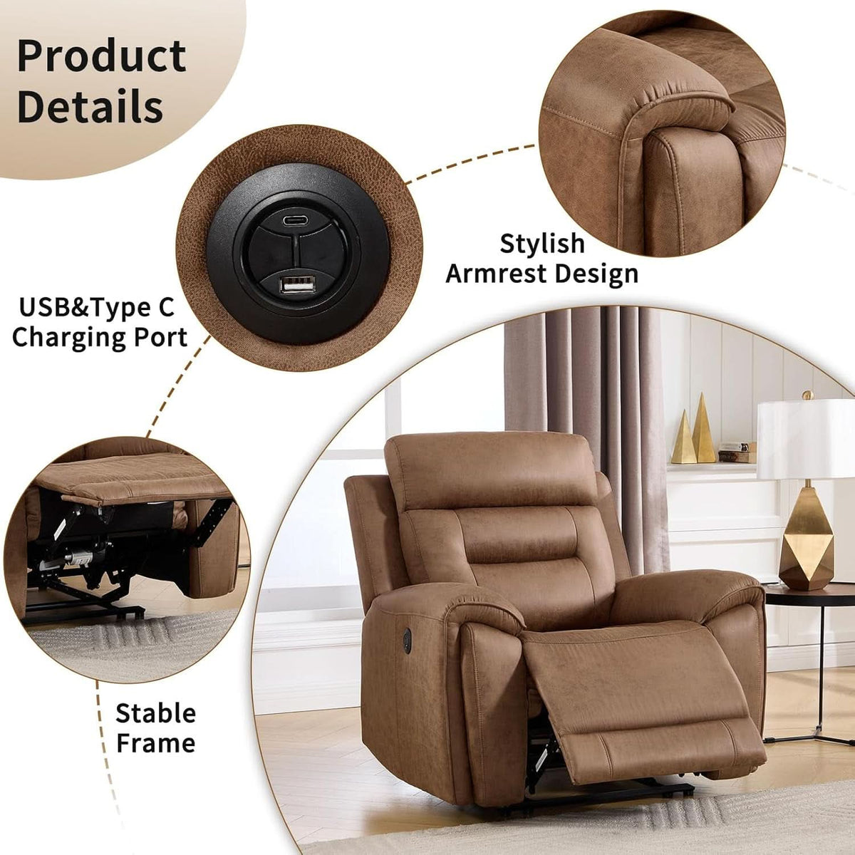 Premium Three Seater Faux Leather Electric Recliner Brown-2