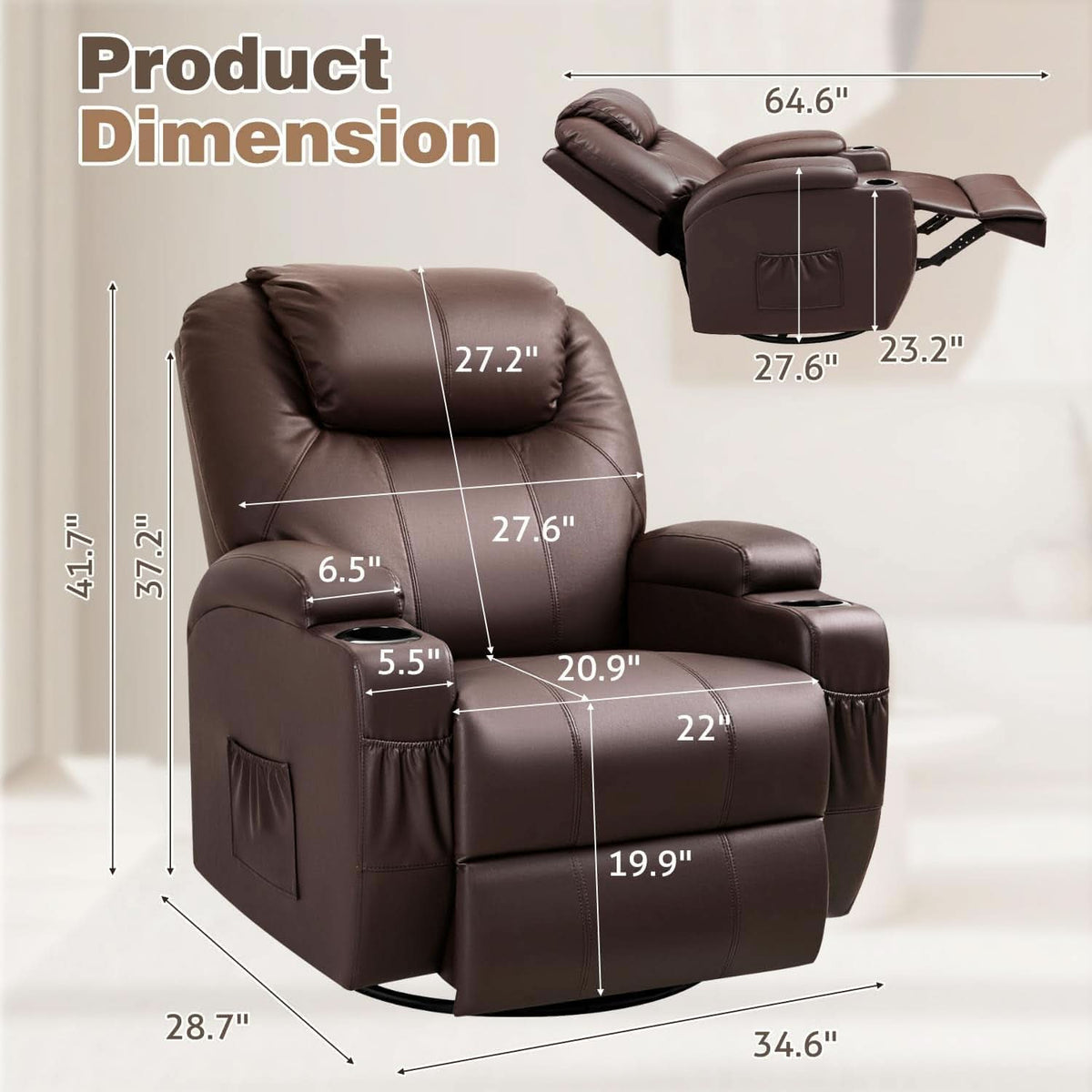 Dark Brown 360 Degree Swivel Recliner Chair With Massage-1