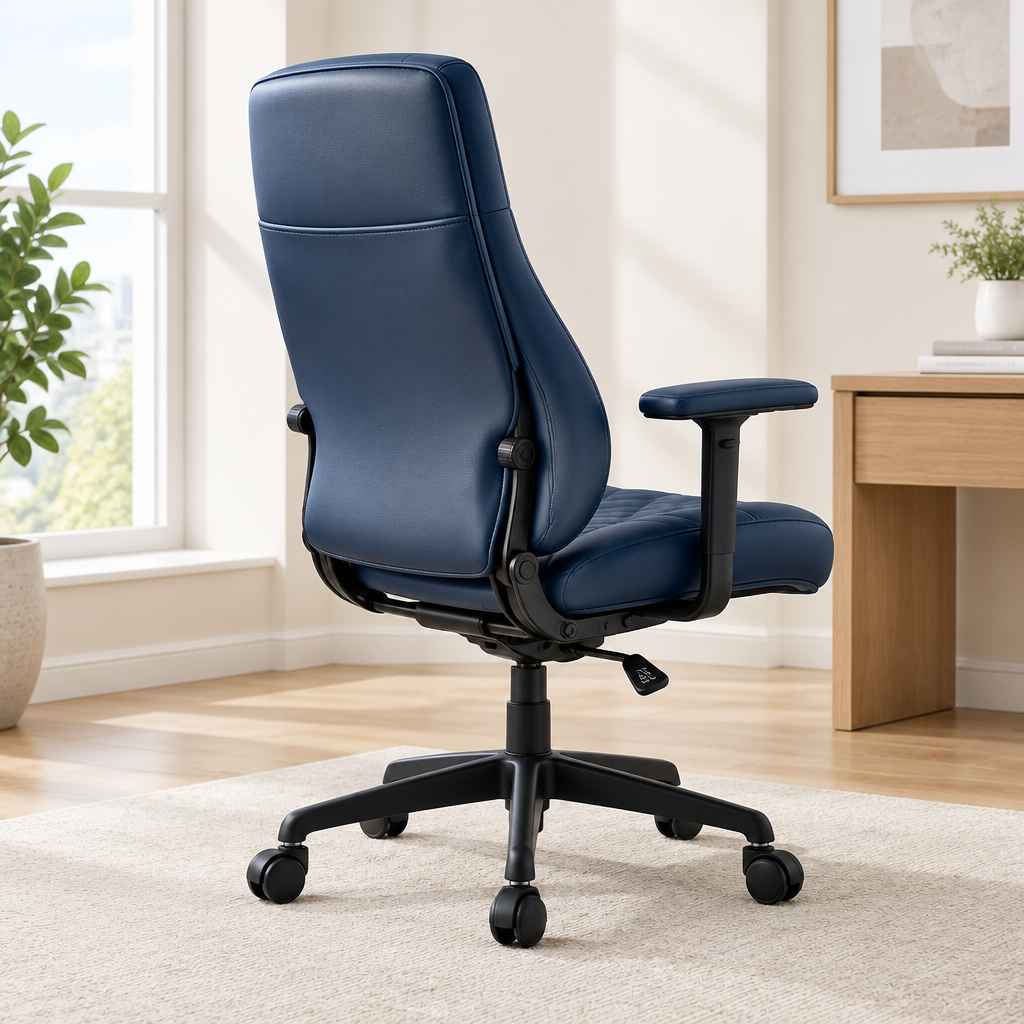 Blue office chair three-quarter rear angle