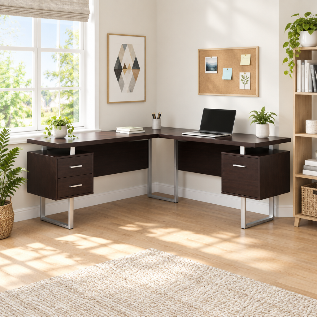Brown and silver L-shaped computer desk with 3 drawers in a bright home office