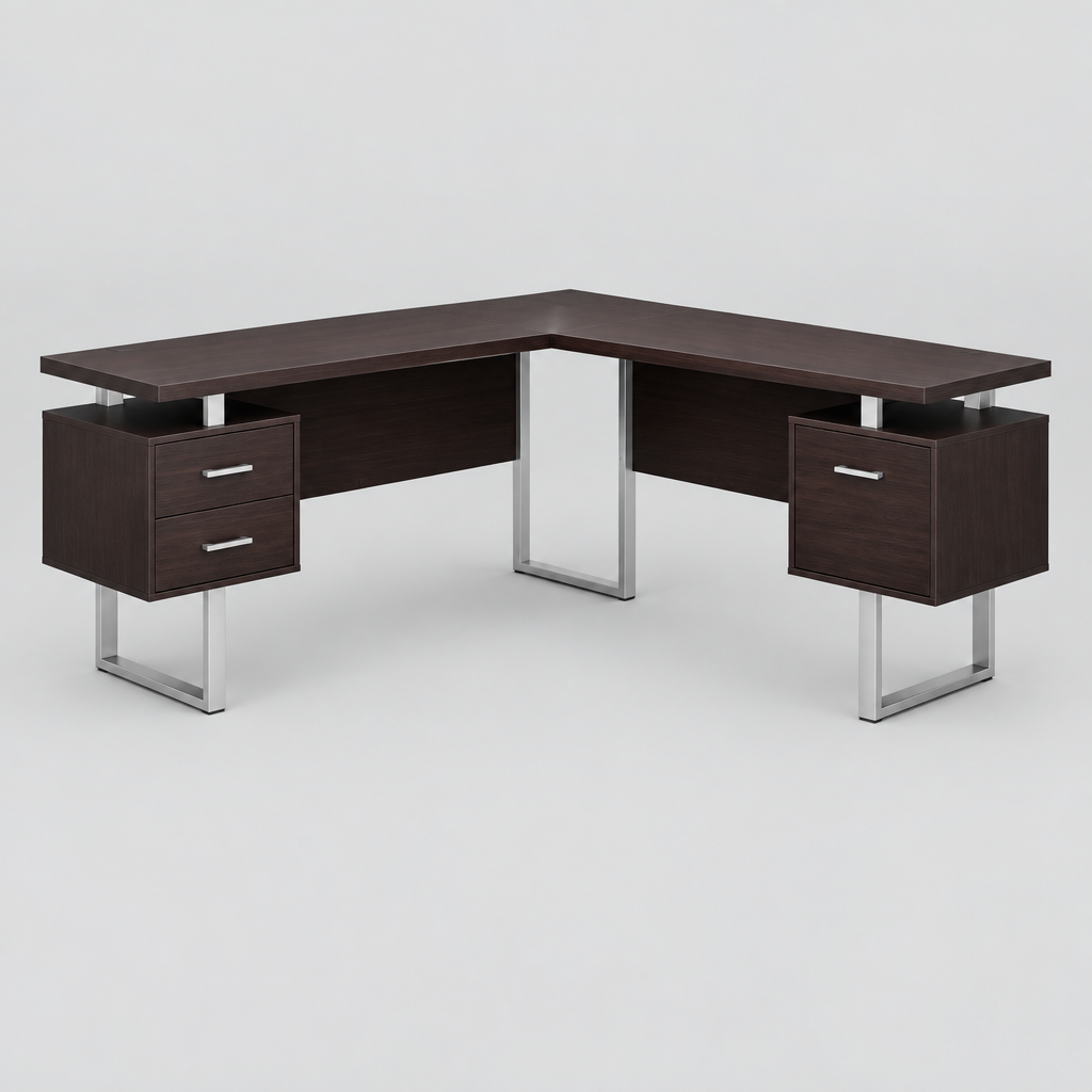 Brown and silver L-shaped computer desk with 3 drawers studio photo