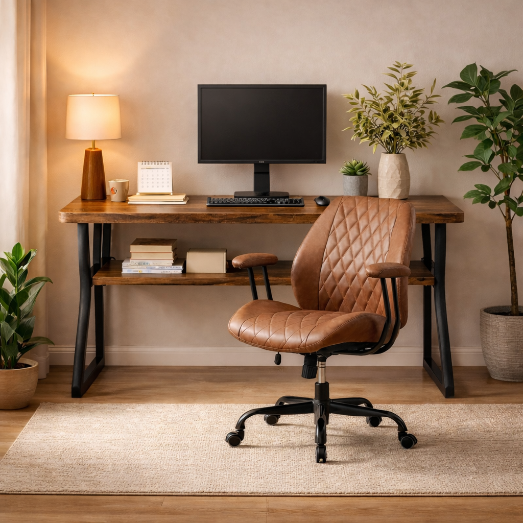 47 Inch Brown Computer Desk with Storage Shelf and Ergonomic Office Chair Set-0