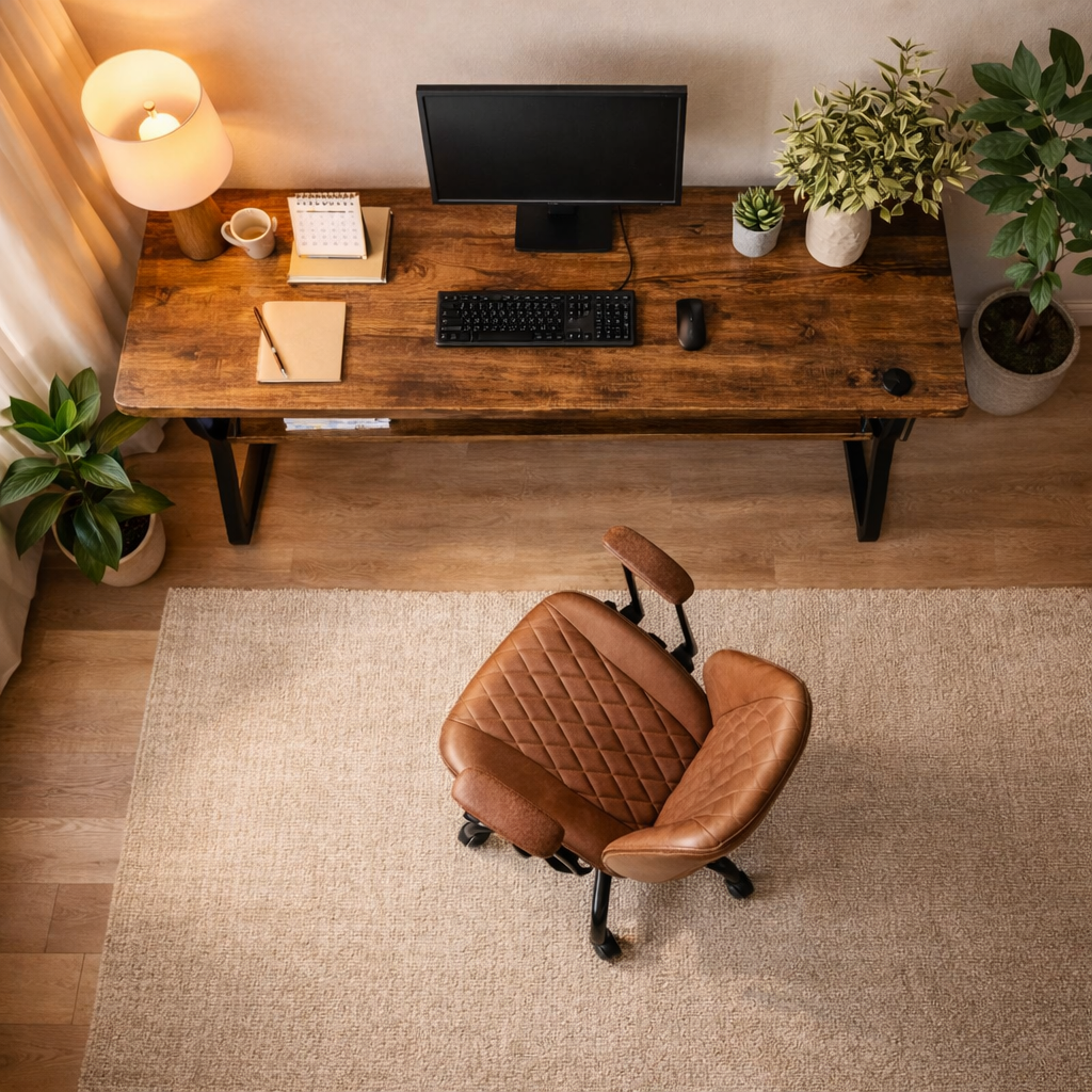 47 Inch Brown Computer Desk with Storage Shelf and Ergonomic Office Chair Set-1